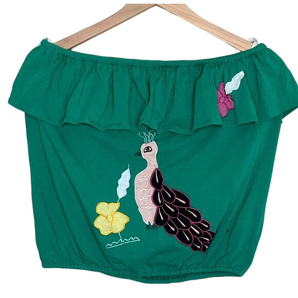 EUC VaVa By Joy Han Green Embroidered Boho Cold Shoulder Crop Top Sz M - Picture 1 of 7